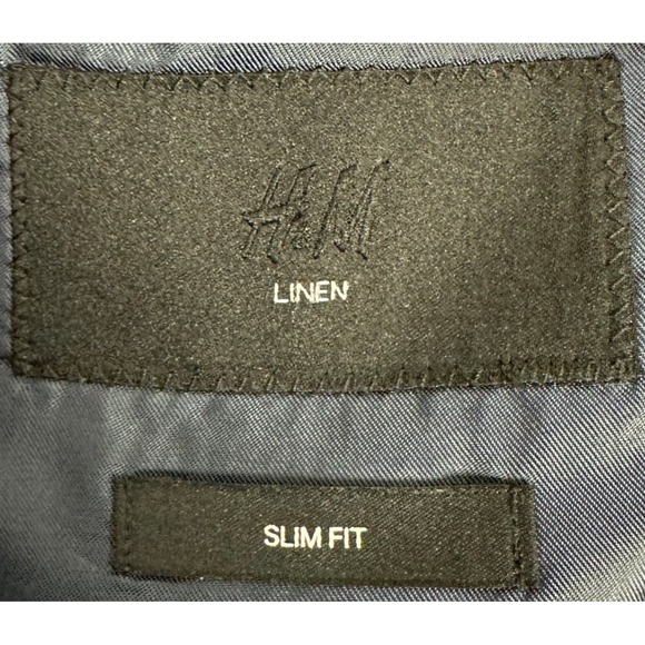 H&M Linen Blazer Sport Coat Mens 44R Blue Elbow Patches 2 Button Slim Fit Formal - Picture 4 of 12